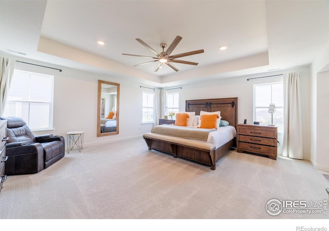 4918 Preserve Pl, Firestone, CO 80504 - bedroom featuring a tray ceiling, carpet flooring, ceiling fan, and recessed lighting