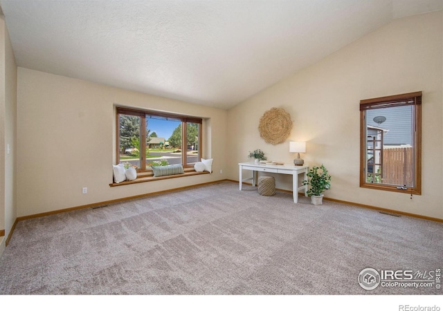 904 Pine Dr, Windsor, CO 80550 - carpeted empty room with vaulted ceiling and baseboards