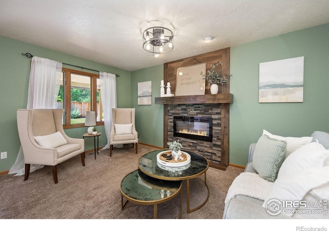 904 Pine Dr, Windsor, CO 80550 - living room with a stone fireplace and carpet floors