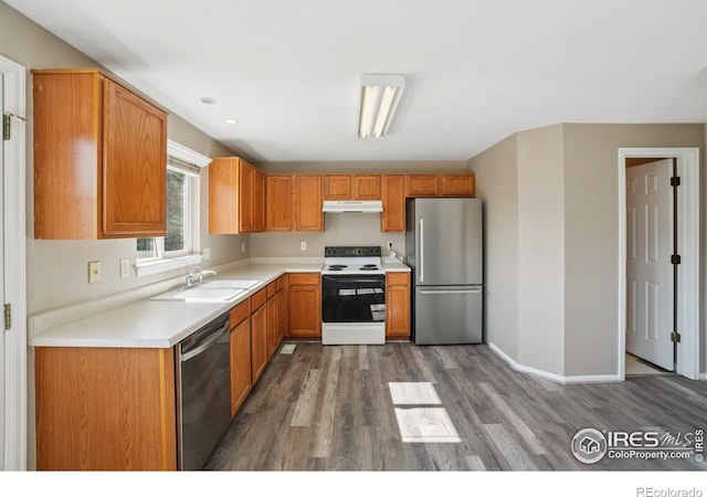 1506 Crestwood Cir, Longmont, CO 80504 - kitchen with stainless steel appliances, under cabinet range hood, wood finished floors, light countertops, and brown cabinetry