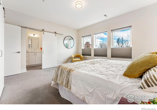 3450 N Downing St Unit 4, Denver, CO 80205 - bedroom with a barn door, carpet floors, and ensuite bathroom