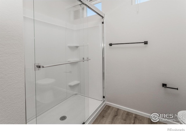 2714 Barnstormer St Unit G, Fort Collins, CO 80524 - bathroom featuring wood finished floors, a shower stall, and plenty of natural light