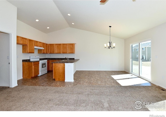 625 87th Ave, Greeley, CO 80634 - kitchen featuring white range with electric stovetop, lofted ceiling, brown cabinetry, dark countertops, and a chandelier