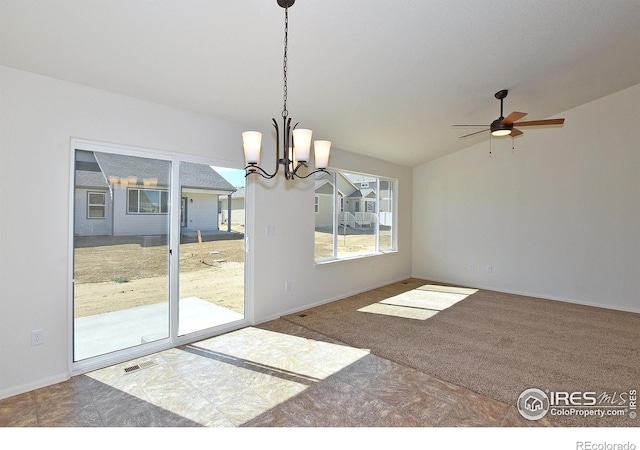 625 87th Ave, Greeley, CO 80634 - unfurnished dining area with vaulted ceiling, a chandelier, and ceiling fan