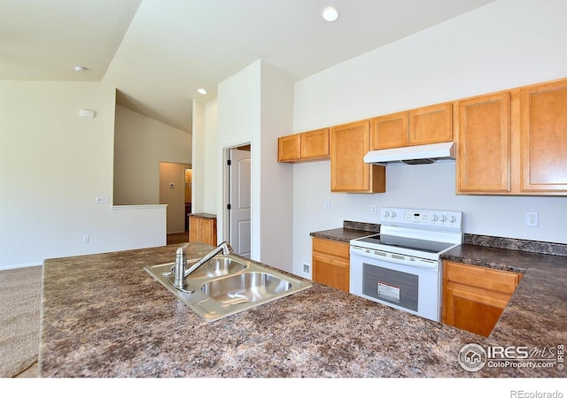 625 87th Ave, Greeley, CO 80634 - kitchen featuring white electric range, under cabinet range hood, lofted ceiling, recessed lighting, and brown cabinetry