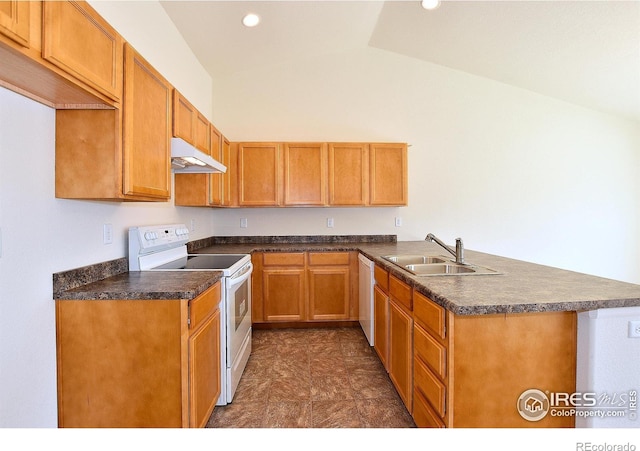 625 87th Ave, Greeley, CO 80634 - kitchen with white appliances, under cabinet range hood, lofted ceiling, a peninsula, and dark countertops