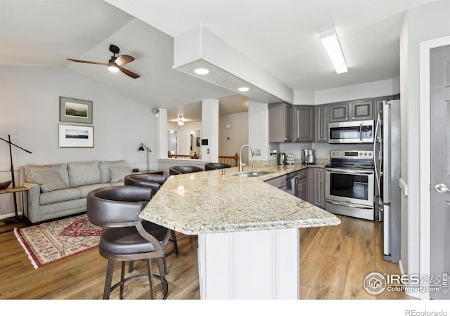 4644 W 112th Ct, Westminster, CO 80031 - kitchen featuring appliances with stainless steel finishes, a peninsula, gray cabinetry, open floor plan, and a breakfast bar