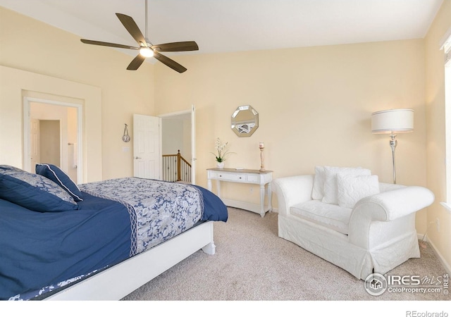 5355 Brookline Dr, Timnath, CO 80547 - bedroom with carpet floors, vaulted ceiling, and a ceiling fan