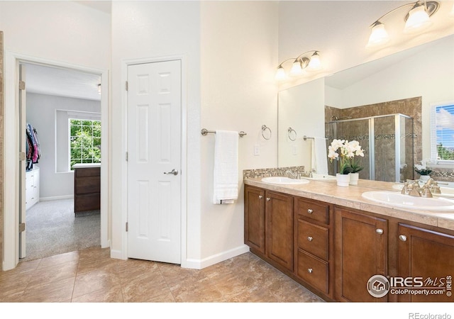 5355 Brookline Dr, Timnath, CO 80547 - full bathroom with double vanity and a stall shower