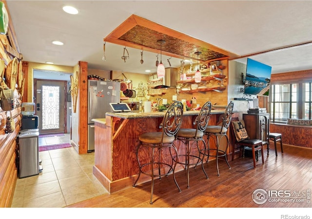 2238 Eagle Cliff Rd, Estes Park, CO 80517 - indoor wet bar featuring recessed lighting, freestanding refrigerator, and light wood-style floors