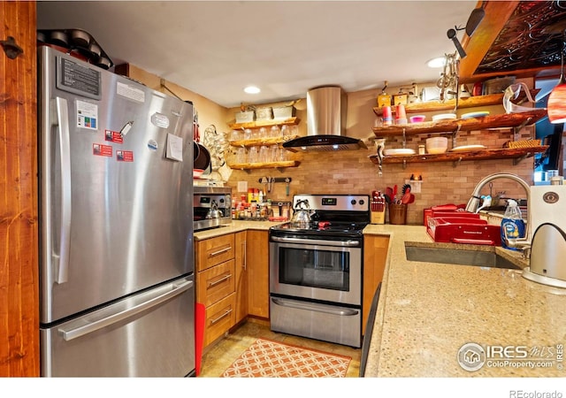 2238 Eagle Cliff Rd, Estes Park, CO 80517 - kitchen featuring stainless steel appliances, island exhaust hood, and tasteful backsplash