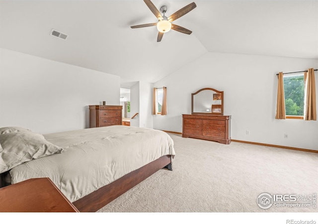 502 Peregrine Cir, Longmont, CO 80504 - bedroom featuring vaulted ceiling, carpet flooring, and ceiling fan