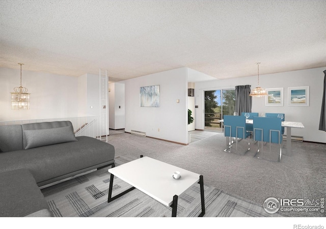 37416 County Road 45, Eaton, CO 80615 - living area with a chandelier, a textured ceiling, carpet, and a baseboard heating unit