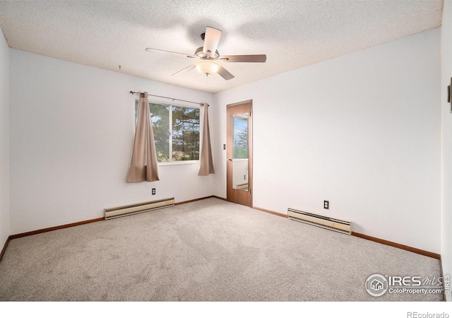 37416 County Road 45, Eaton, CO 80615 - carpeted empty room with a baseboard radiator, baseboard heating, ceiling fan, and a textured ceiling