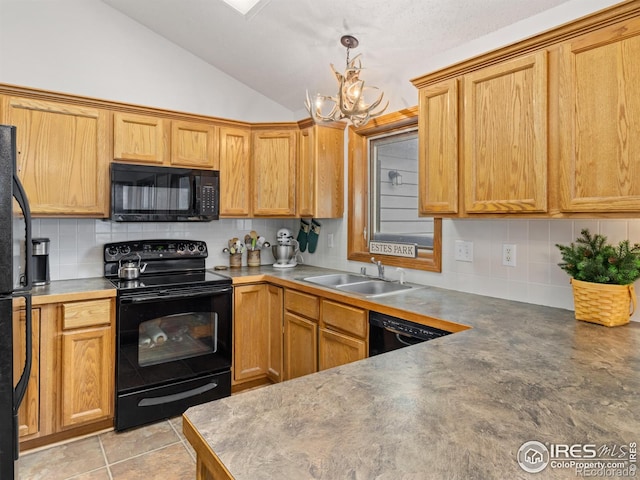 1316 Kinnikinnic Ct, Estes Park, CO 80517 - kitchen featuring black appliances, tasteful backsplash, vaulted ceiling, a chandelier, and pendant lighting