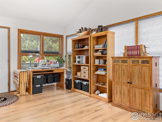 1316 Kinnikinnic Ct, Estes Park, CO 80517 - office area with light wood-type flooring and lofted ceiling