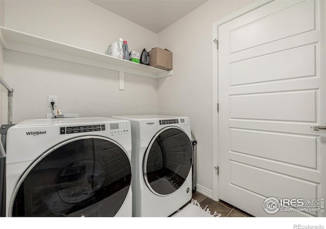 619 Brennan Cir, Erie, CO 80516 - washroom featuring washer and clothes dryer and dark tile patterned flooring