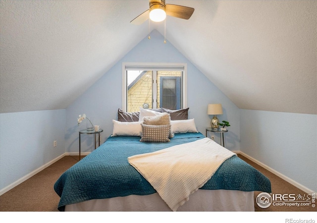 1605 17th St, Boulder, CO 80302 - carpeted bedroom featuring vaulted ceiling, a ceiling fan, and a textured ceiling