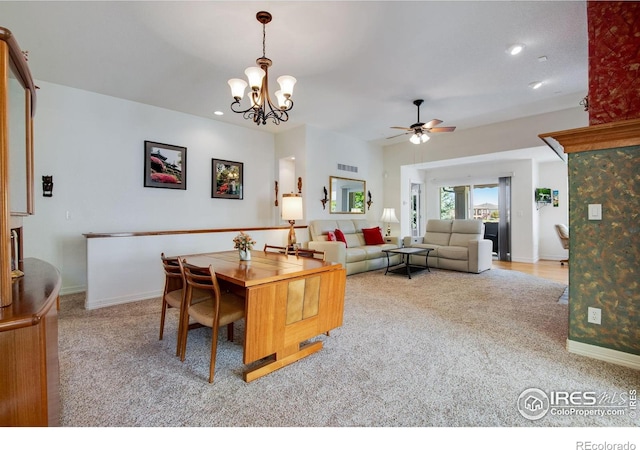 8305 E 149th Dr, Thornton, CO 80602 - carpeted dining area with ceiling fan, recessed lighting, and a chandelier