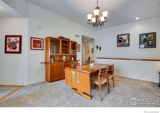 8305 E 149th Dr, Thornton, CO 80602 - dining room with carpet floors, a chandelier, and recessed lighting
