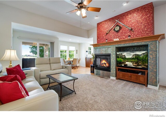 8305 E 149th Dr, Thornton, CO 80602 - living room featuring a fireplace, recessed lighting, and ceiling fan
