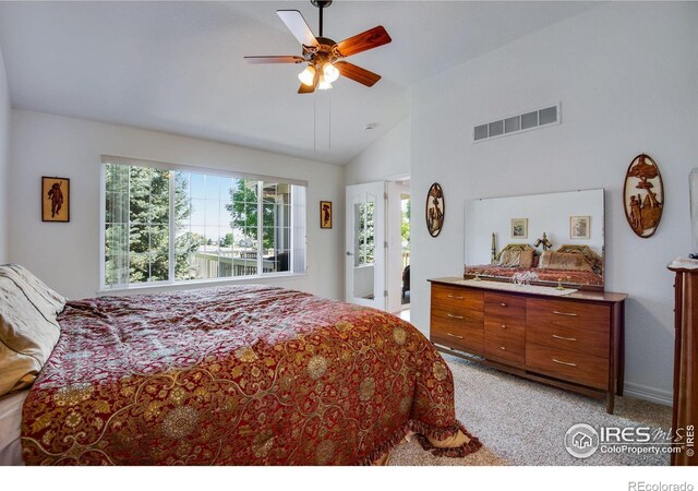 8305 E 149th Dr, Thornton, CO 80602 - bedroom with lofted ceiling, light colored carpet, and a ceiling fan