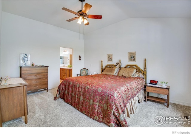 8305 E 149th Dr, Thornton, CO 80602 - bedroom with light colored carpet, vaulted ceiling, ensuite bathroom, and a ceiling fan