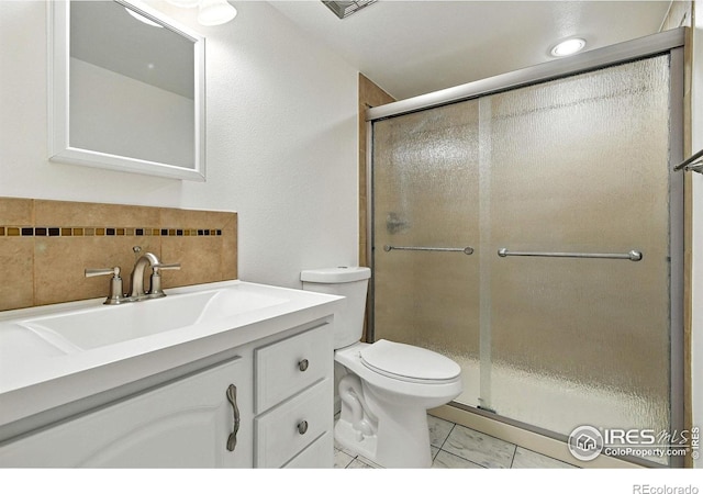 600 Manhattan Dr Unit B7, Boulder, CO 80303 - full bathroom with vanity, a shower stall, and tasteful backsplash