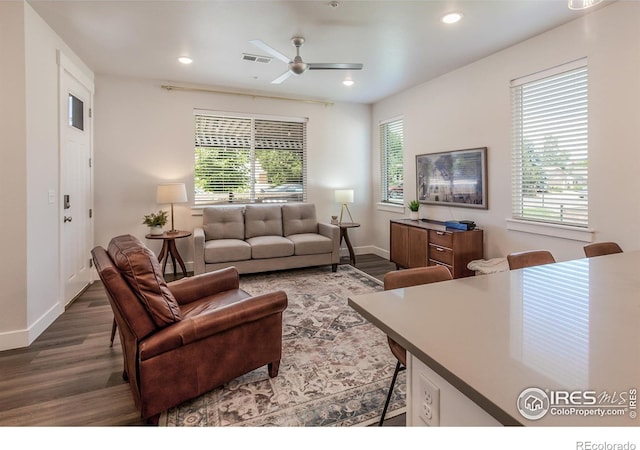 2402 49th Avenue Ct Unit 17, Greeley, CO 80634 - living room featuring wood finished floors, a ceiling fan, and recessed lighting
