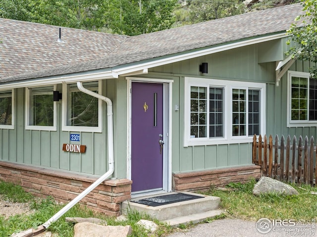 2301 US Highway 34, Drake, CO 80515 - doorway to property with roof with shingles and board and batten siding