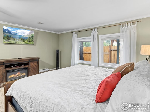 2301 US Highway 34, Drake, CO 80515 - bedroom with ornamental molding, a baseboard radiator, and a glass covered fireplace