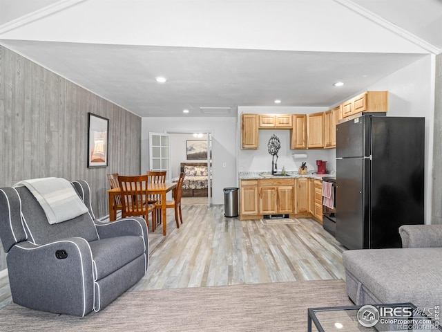 2301 US Highway 34, Drake, CO 80515 - kitchen featuring freestanding refrigerator, light wood finished floors, range, light brown cabinets, and recessed lighting