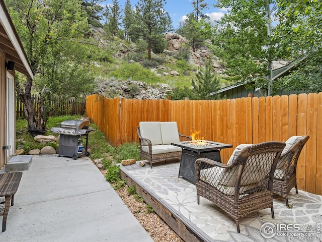 2301 US Highway 34, Drake, CO 80515 - fenced backyard featuring an outdoor fire pit, grilling area, and a patio area