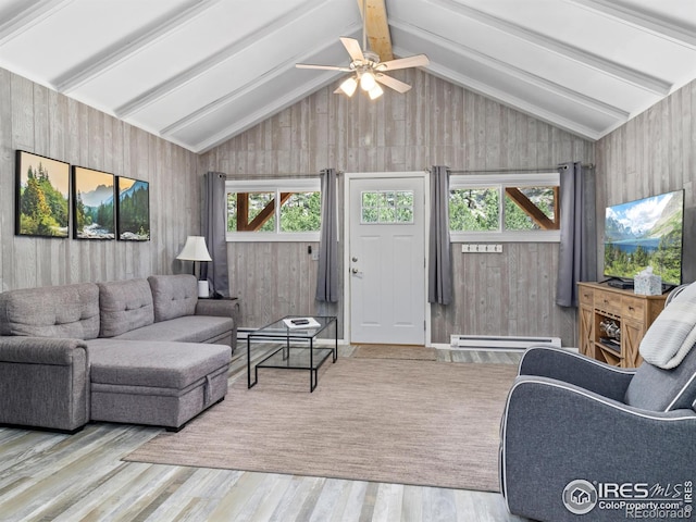 2301 US Highway 34, Drake, CO 80515 - living area featuring wood finished floors, plenty of natural light, baseboard heating, wooden walls, and ceiling fan