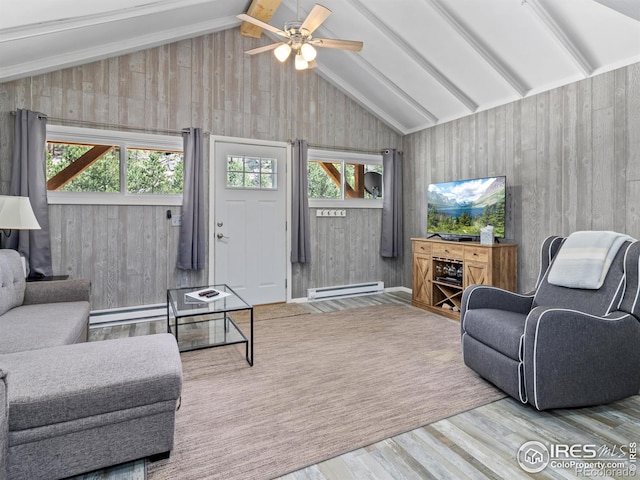 2301 US Highway 34, Drake, CO 80515 - living room featuring wood finished floors, a baseboard radiator, a ceiling fan, and wood walls