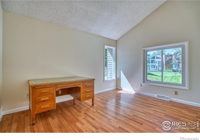 1925 28th Ave Unit 30, Greeley, CO 80634 - unfurnished office featuring light wood-type flooring, lofted ceiling, and a textured ceiling
