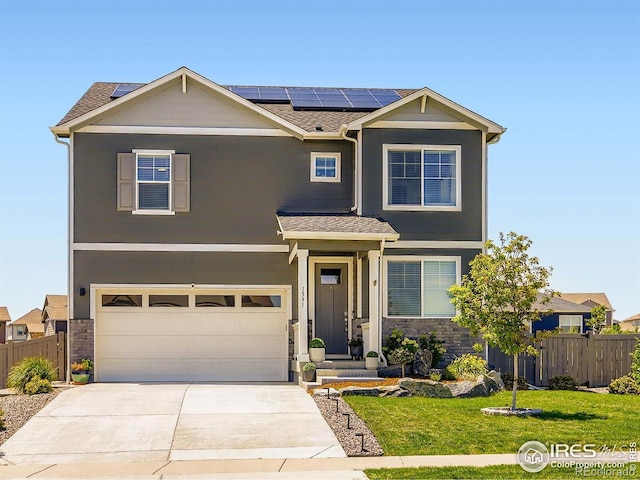 1591 Sun River Rd, Berthoud, CO 80513 - view of front of house featuring solar panels, driveway, an attached garage, and a shingled roof