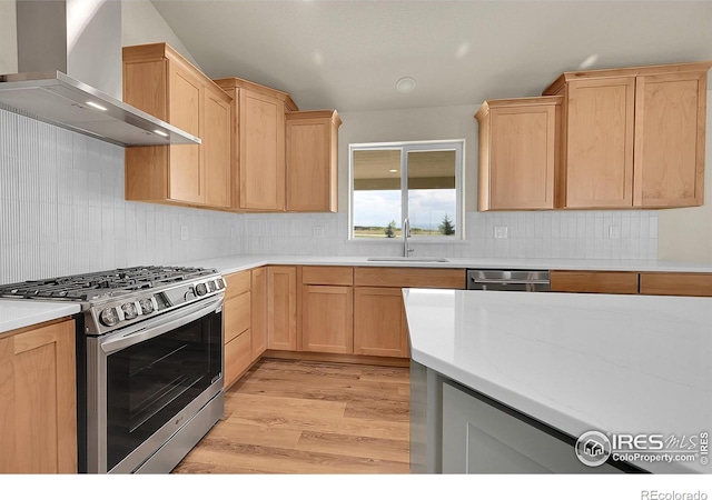 3643 Crested Owl Ct, Dacono, CO 80514 - kitchen featuring wall chimney exhaust hood, stainless steel appliances, light brown cabinetry, light wood-style flooring, and light countertops