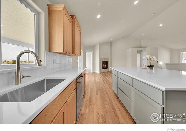 3643 Crested Owl Ct, Dacono, CO 80514 - kitchen featuring open floor plan, vaulted ceiling, light wood-style floors, stainless steel dishwasher, and light countertops
