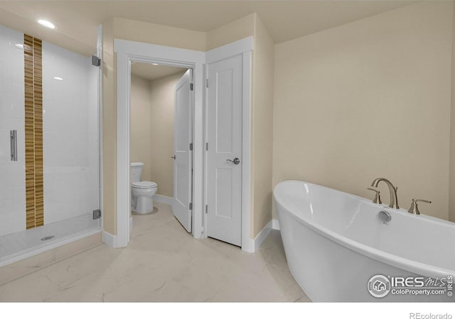3643 Crested Owl Ct, Dacono, CO 80514 - bathroom featuring a freestanding tub, marble look tile flooring, a stall shower, and recessed lighting