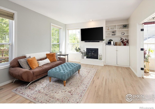 691 Tamarisk Ct, Louisville, CO 80027 - living area featuring light wood-style floors, plenty of natural light, and a glass covered fireplace