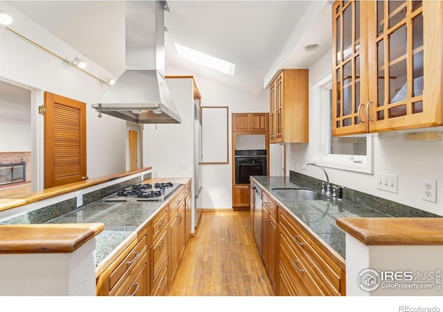 2940 9th St, Boulder, CO 80304 - kitchen featuring stainless steel appliances, island exhaust hood, a skylight, brown cabinets, and light wood-style flooring