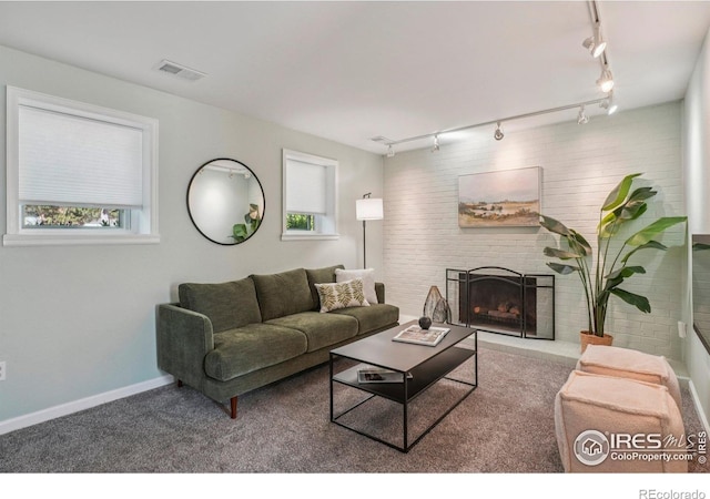 1430 Kennedy Ave, Louisville, CO 80027 - carpeted living room featuring rail lighting and a fireplace