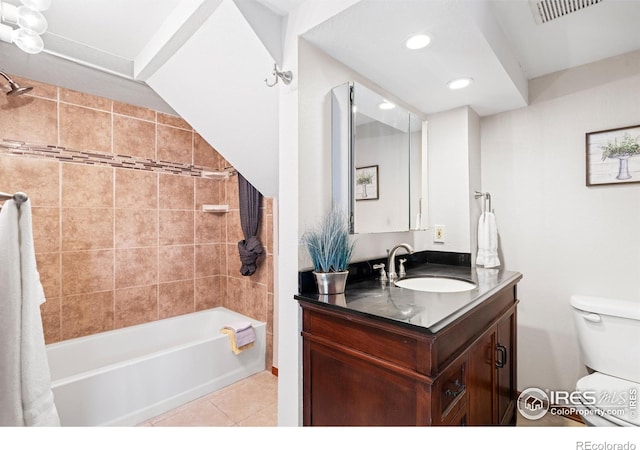 612 20th St, Greeley, CO 80631 - bathroom with vanity, shower / bathtub combination with curtain, tile patterned flooring, and recessed lighting