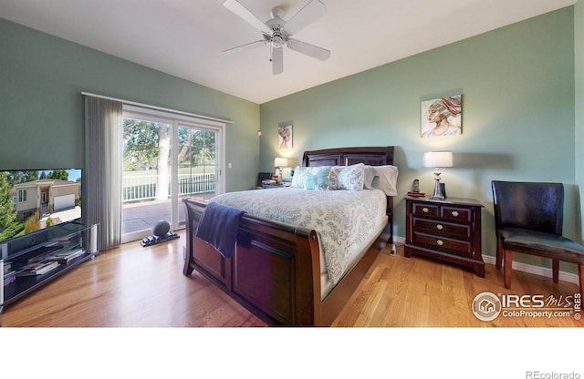 7294 Tamarisk Dr, Fort Collins, CO 80528 - bedroom featuring access to outside, light wood finished floors, and a ceiling fan