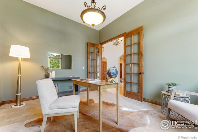 8276 Blackwood Dr, Windsor, CO 80550 - carpeted home office featuring french doors and arched walkways