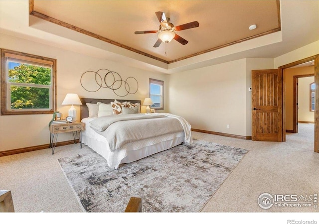 8276 Blackwood Dr, Windsor, CO 80550 - bedroom with a tray ceiling, carpet floors, crown molding, and a ceiling fan