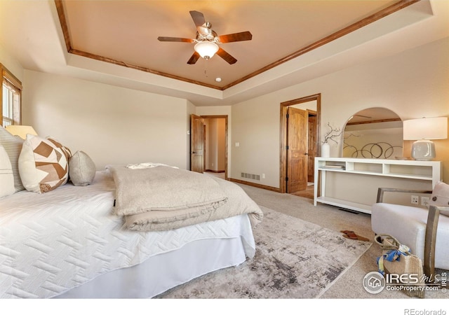 8276 Blackwood Dr, Windsor, CO 80550 - bedroom with carpet floors, a tray ceiling, and a ceiling fan