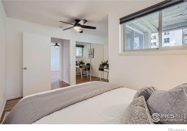 3030 Oneal Pkwy # 21R, Boulder, CO 80301 - bedroom featuring wood finished floors, a closet, a ceiling fan, and a textured ceiling