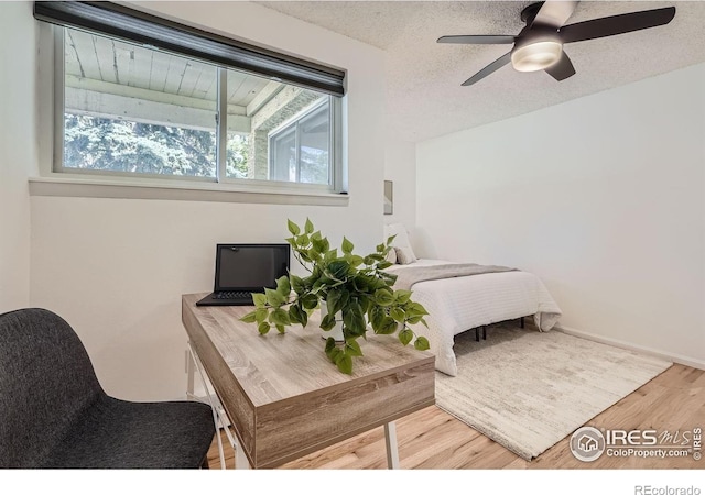 3030 Oneal Pkwy # 21R, Boulder, CO 80301 - bedroom featuring multiple windows, wood finished floors, ceiling fan, and a textured ceiling